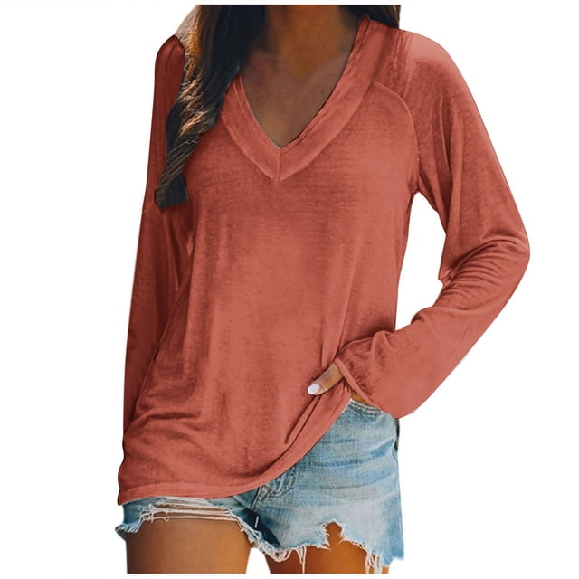 AherBiu Womens T Shirts V Neck Loose Fitted Long Sleeve Basic Tee Oversized Comfy Fall Tops Solid Color