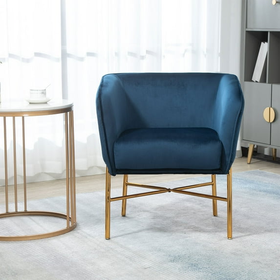 Accent Armchair, Modern Velvet Upholstered Barrel Lazy Sofa Chair with Wear-Proof Fabric and Metal Legs, Lounge Dining Chair Side Chair Vanity Chair for Living Room Bedroom Office, Blue