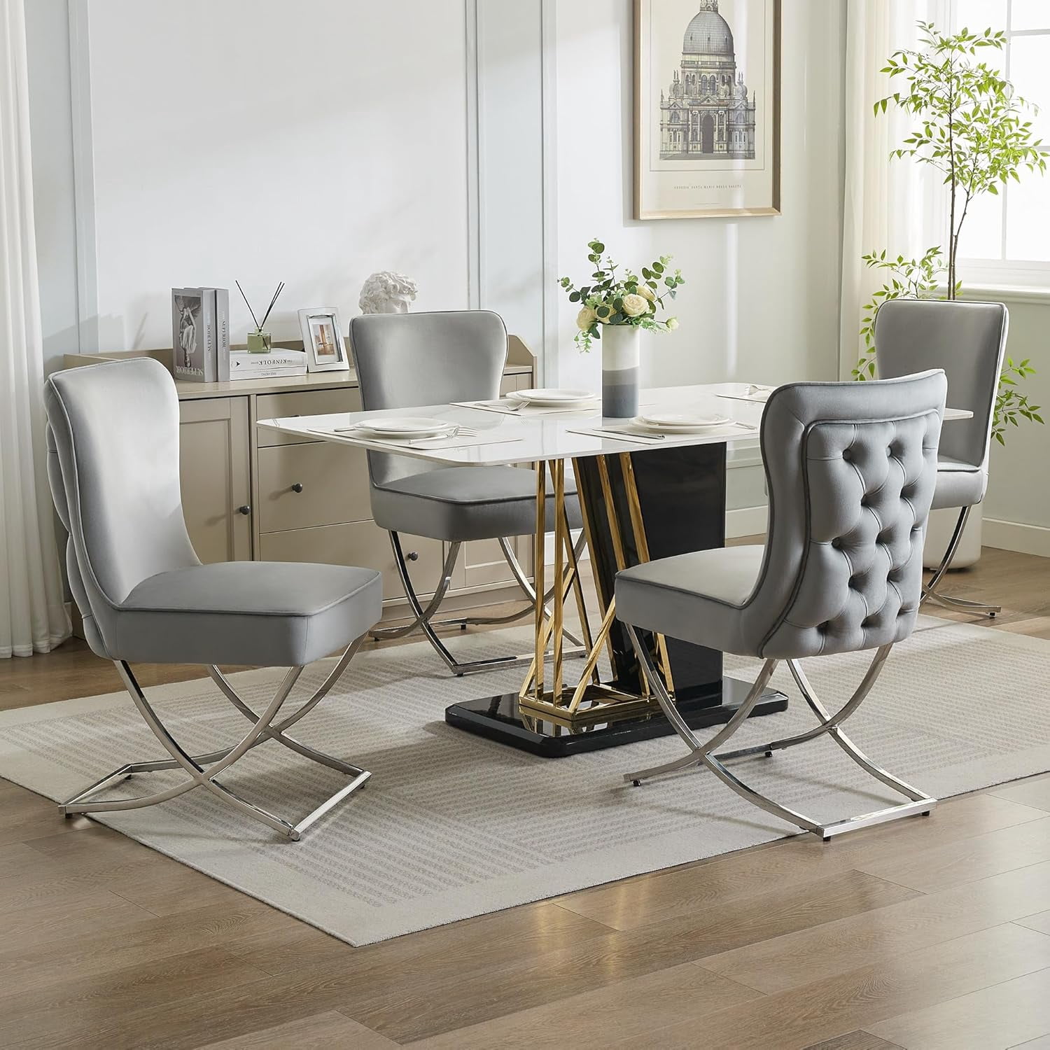 2PCS Luxury Velvet Dining Chairs, Tufted Upholstered Armless Accent Chairs with Silver Metal X-Legs, Modern Glam Dining Chair Kitchen Chairs,Light gray