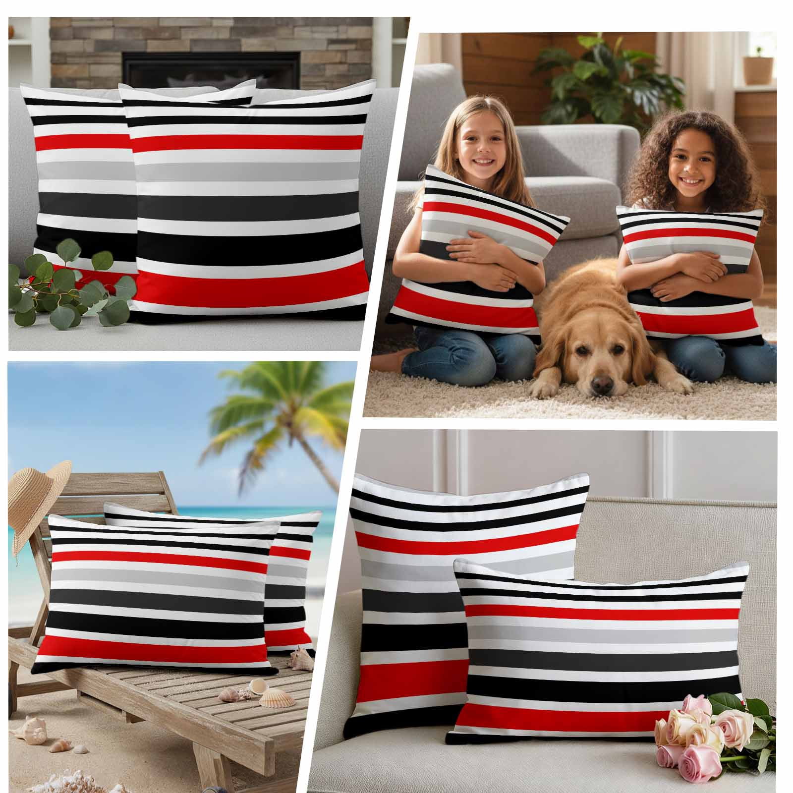 Red Black Stripe Outdoor Waterproof Pillow Covers, Modern Abstract Coarse Striped Decorative Square Throw Pillowcase Sofa Cushion Sham for Patio/Couch/Chair, 18"x18" 2 Pack