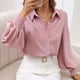 thumbnail image 5 of Camisa de manga abullonada, cuello vuelto, holgada, cómoda, manga larga, camisa de color puro para oficina, trabajo, hogar, ocio, gris rosado pálido M, 5 of 9