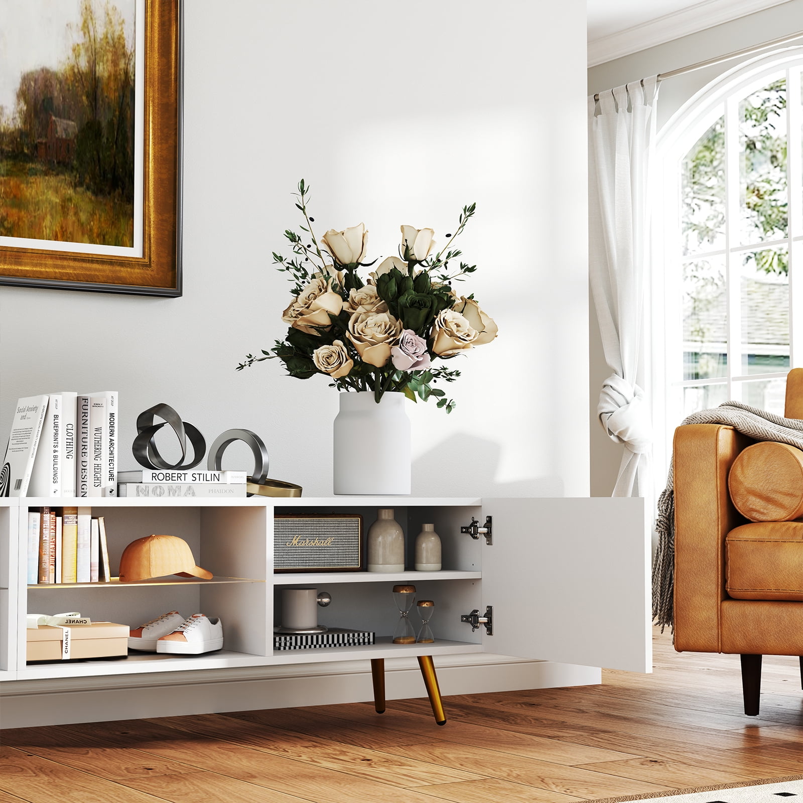 Bonzy Home 86" TV Stand, Television Console Table for 85" TV, Modern Entertainment Center with Storage Cabinets for Living Room, White