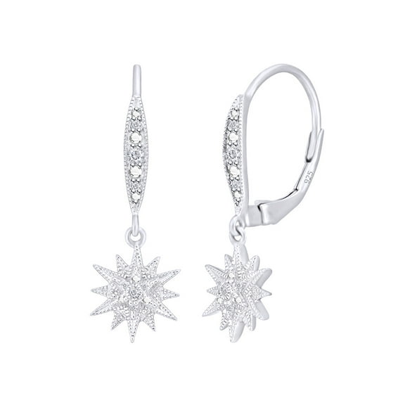 Natural Diamond Accent Starburst Drop Dangle Earrings For Women in 14K White Gold Plated 925 Sterling Silver (1/20 cttw,I-J Color,I2-I3 Clarity)