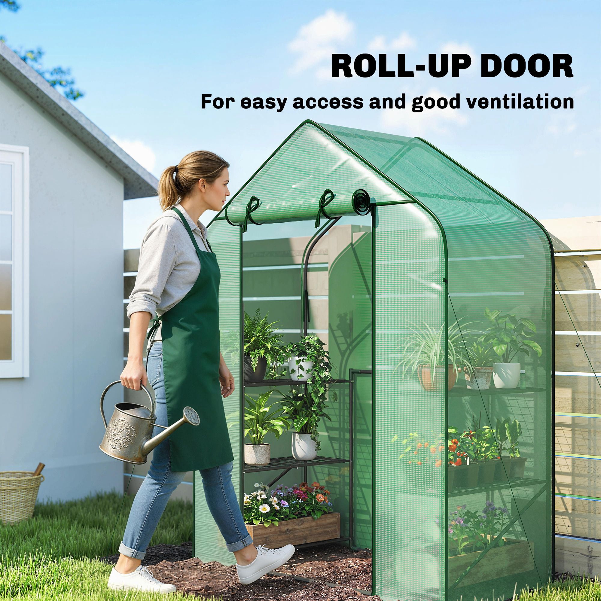 Outsunny Portable Walk-In Greenhouse with 6 Shelves, UV-Resistant PE Cover & Steel Frame, 56.3"W x 74"H Outdoor Garden Greenhouse for Seedlings and Flowers, Green