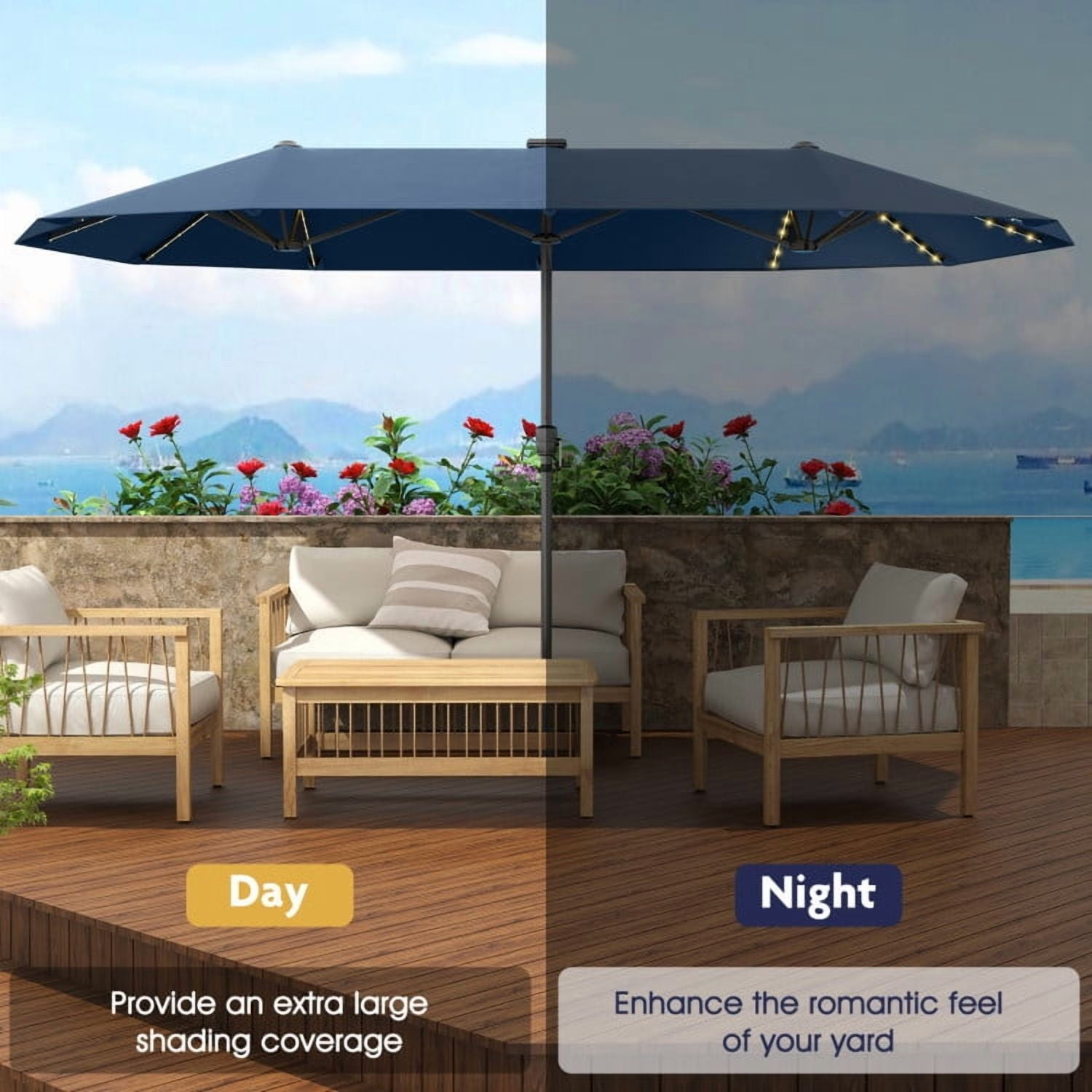 GVN Outdoor Patio Umbrella,Patio Umbrella,13 FT Large Patio Umbrella with LED Solar Lights and Crank Handle-Navy