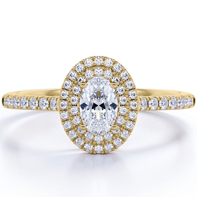 JeenMata Anillo de Compromiso con Halo Doble, Moissanita de Corte Ovalado de 1,75 Quilates, Pavé, Engaste de Cuatro Puntas, Baño de Oro Amarillo de 18 K sobre Plata