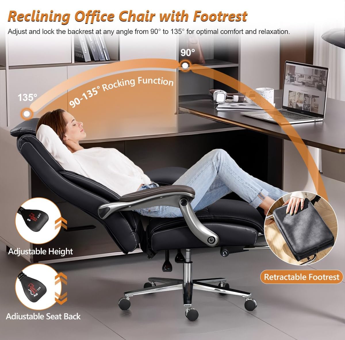 WXJHL Big and Tall Office Chair, Wide Seat Executive Office Chair with Lumbar Support and Headrest, 600 lbs Heavy-Duty Ergonomic Desk Chair, Luxury Leather Chair with Leg Rest,Black