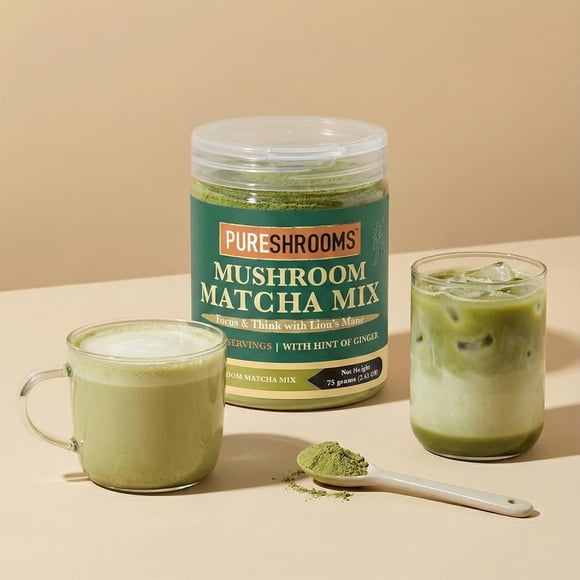 PureShrooms Organic Mushroom Matcha Green Tea Powder | Ceremonial Grade Japanese Matcha + Lion’s Mane & Ginger | Clean Energy Adaptogen Blend | 37 Servings