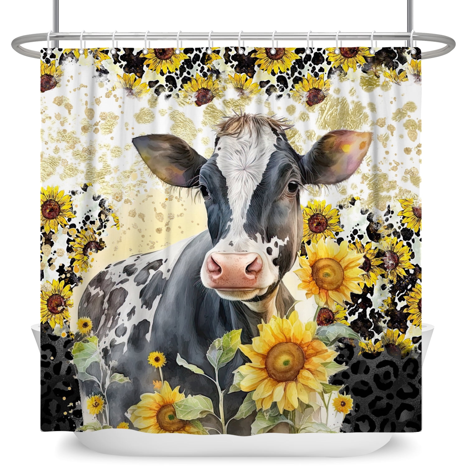 Mizhona Farm Shower Curtain for Bathroom Cow with Sunflowers Shower Curtains Waterproof Polyester Country Decor 72"x78"