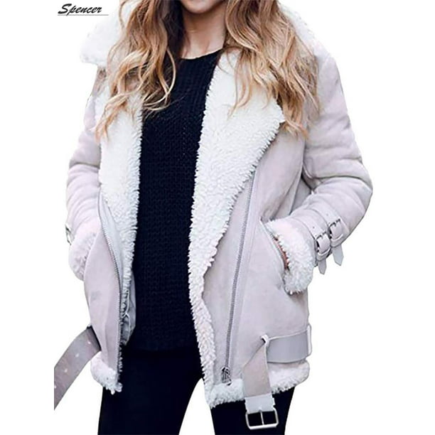 Spencer Spencer Winter Women Faux Fur Fleece Wool Coat Warm Motorcycle Aviator Jacket Parka Outwear Gray 2xl Walmart Com Walmart Com