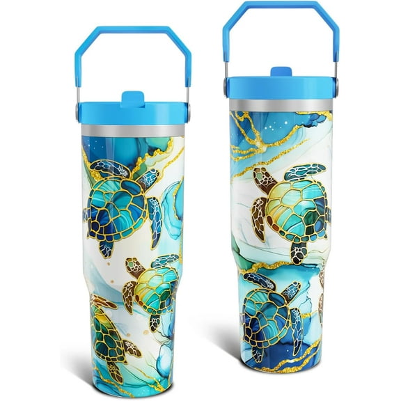 30 Oz Sea Turtle Tumbler with Top Handle and Flip Straw, Blue Marble Stainless Steel Travel Cups Birthday Turtle Lover Gifts for Women Men (1PC)
