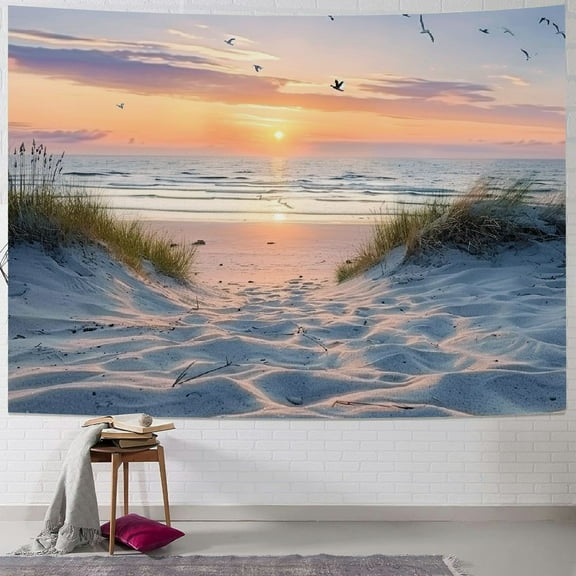 Creowell  Ocean Beach Tapestry Wall Hanging, Sunset Seabird and Beach with Grass Wall Hanging Tapestry Natural Landscape Tapestry for Bedroom Living Room Dorm Decoration Wall Decor 40x30inch