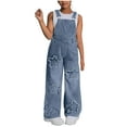 thumbnail image 2 of fnnxnal Blue Denim Overalls for Girls 6-12Y - Retro Wide-Leg with Star Distressing, Adjustable Straps & Pockets, Size 130-160,Size 10-11T, 2 of 5