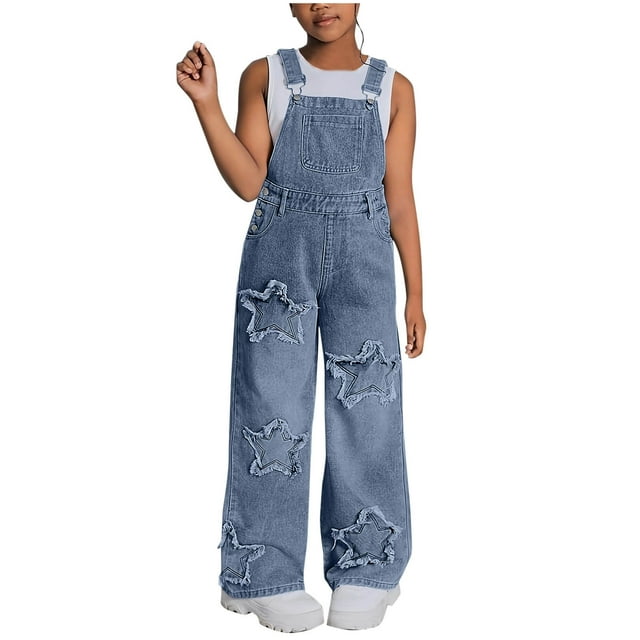 Birdeem Salopette Combinaison en Denim pour Filles, Couleur Unie Mode Décontractée, Jambe Grand Ornée d'Étoiles à Cinq Branches, Robe Salopette en Denim