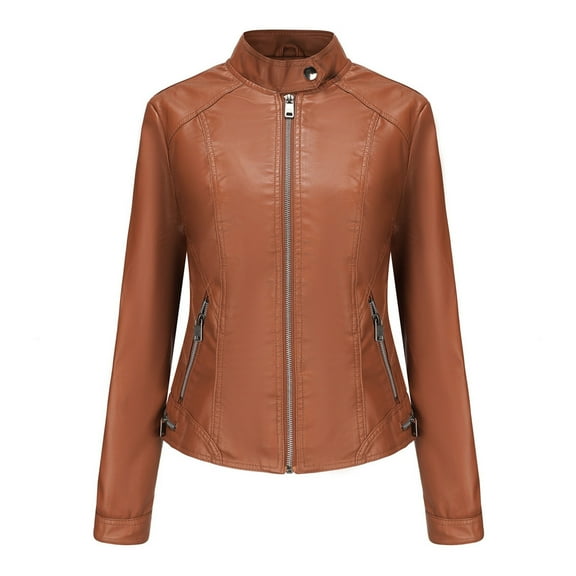 AOOCHASLIY Women Coat Clearance Women Solid Color Long Sleeved Leather Jacket Zippered Jacket Pocket Women's Spring Short Jacket