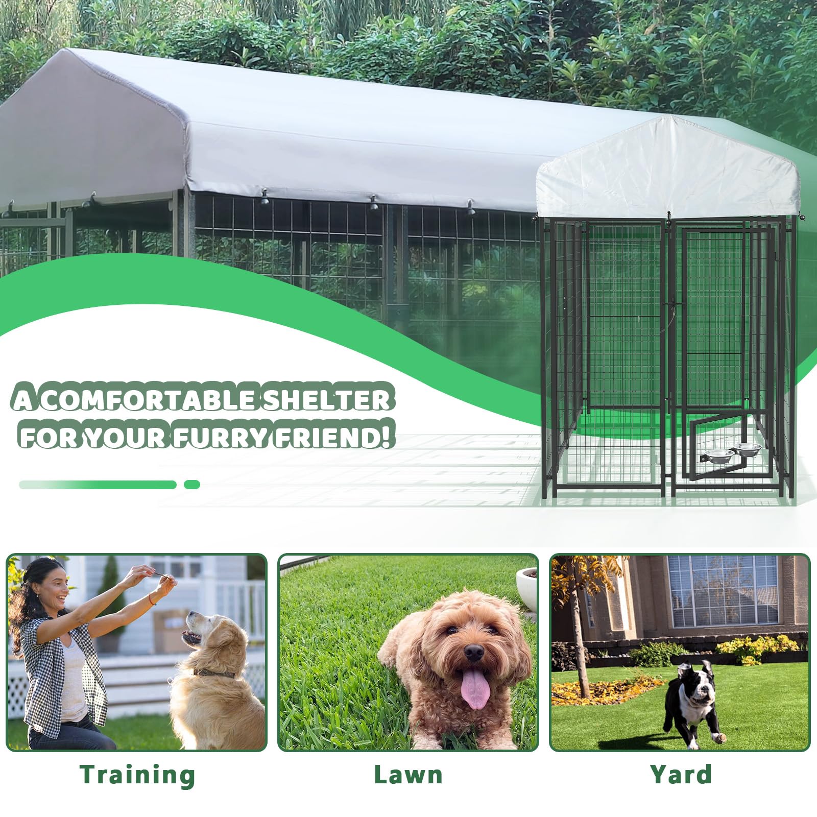8x4x6 FT Heavy Duty Welded Steel Dog Kennel for Large Dogs, Outdoor Pet Playpen with Secure Lock, UV-Resistant Waterproof Roof Cover, Durable Fence for Training and Exercise, Black