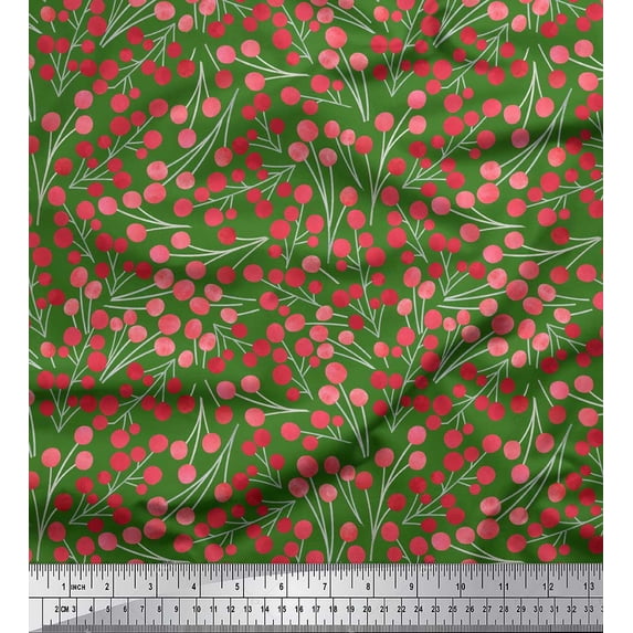 Soimoi Green Modal Satin Fabric Red Berries Fruits Printed Fabric 1 Yard 42 Inch Wide