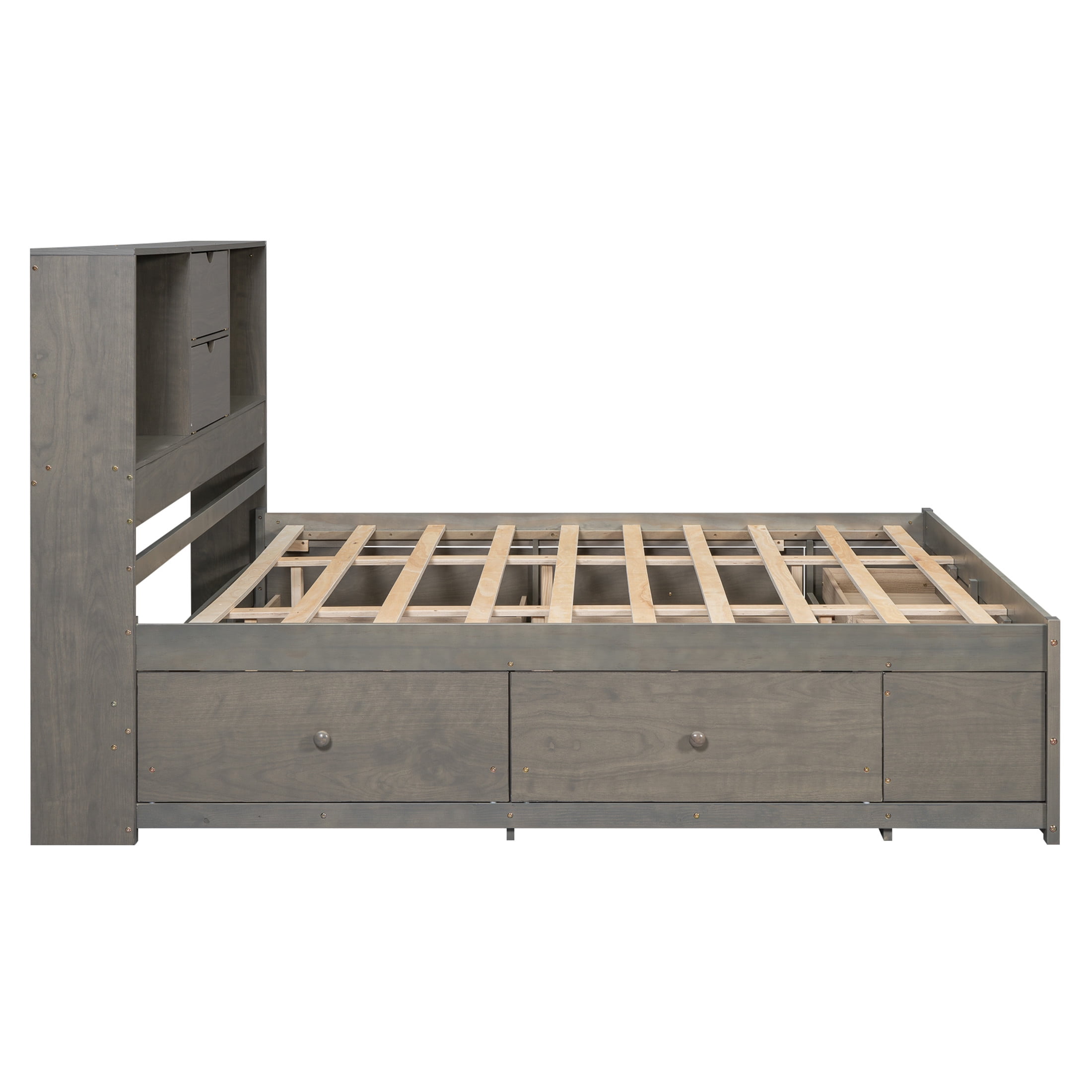 Noble House Solridge King Size Platform Bed with Bookcase Headboard and Storage Drawers, Solid Wood Frame, Gray