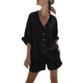thumbnail image 3 of Pounoo 2 Piece Cotton Linen Sets for Women Collared Button Down Cuffed Short Sleeve Tops Elastic Waist Casual Shorts Summer Lounge Beach Outfits Gift, 3 of 8
