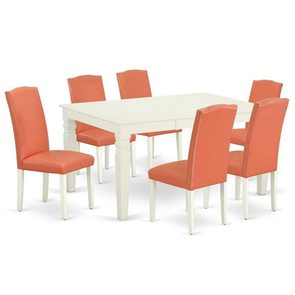 WEEN7-LWH-78 7Pc Rectangular 42/60" Dinette Table With 18 In Leaf And 6 Parson Chair With Linen White Leg And Pu Leather Color Pink Flamingo