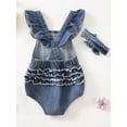 thumbnail image 3 of FEORJGP Toddler Baby Denim Overalls Romper 0 6M 12M 18M 24M Infant Ruffled Square Neck Bodysuits Strawberry Embroidered Jumpsuits Headband Newborn Comfy Fashion Casual Outfits for Boys Girls, 3 of 7