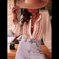 thumbnail image 4 of Camisas Occidentales para Mujer, Blusa Informal de Verano de con Bordado Floral y Botones de Larga. Crema M, 4 of 8