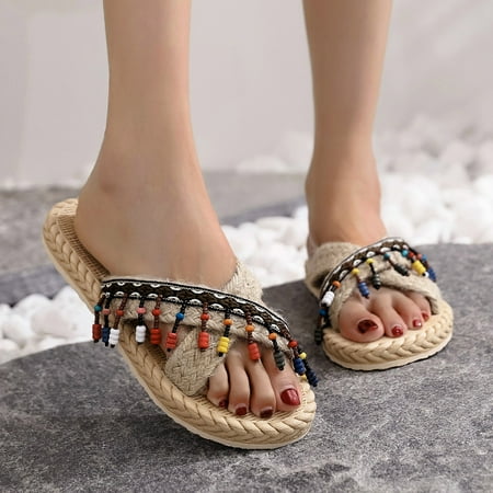 

HIBRO Spring And Summer Imitation Straw Woven Women Flat Sandals And Flip Flops Beach Slippers