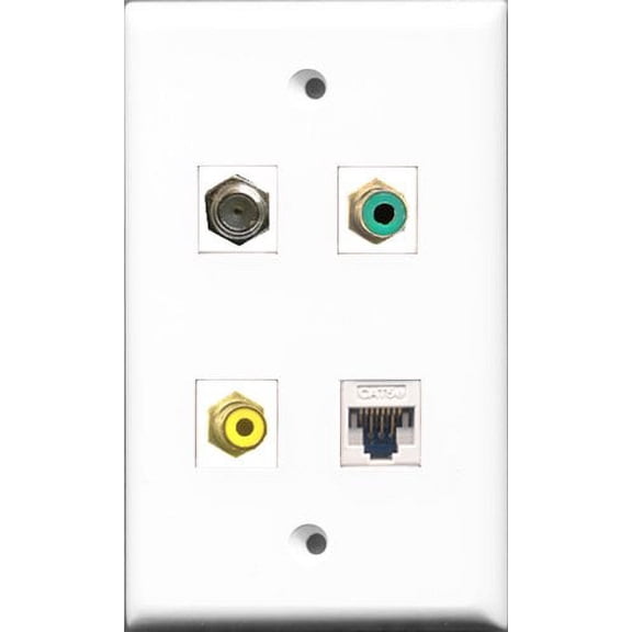 RiteAV 1 Port RCA Yellow and 1 Port RCA Green and 1 Port Coax Cable TV- F-Type and 1 Port Cat5e Ethernet White Wall Plate