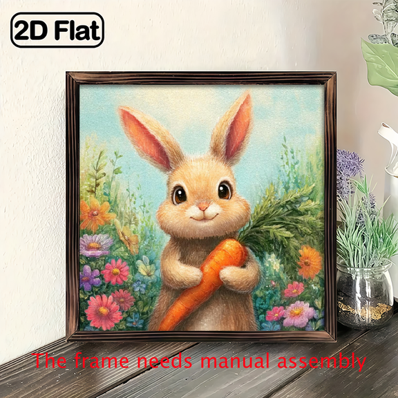 A Wooden Framed Sign Featuring an Inspiring Bunny with a Carrot, Perfect for Easter And Springtime Decor. This Cute Animal Wall Decoration Is Suitable for Various Settings Like The Kitchen, Bedr