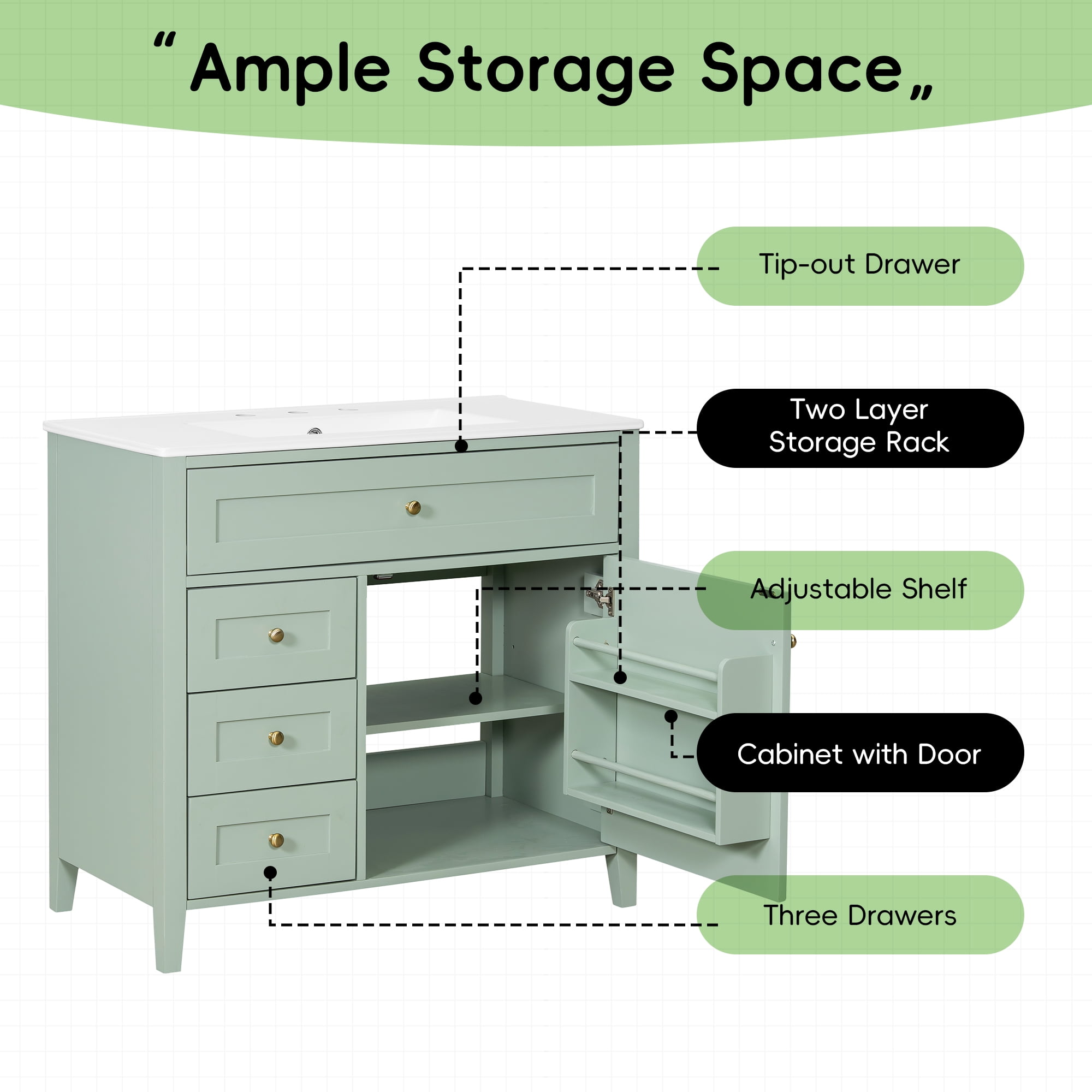 Euroco 36-Inch Green Bathroom Vanity with Sink, Modern MDF and Rubberwood Cabinet with 3 Drawers and Adjustable Shelf, Freestanding Vanity for Bathroom Storage and Organization
