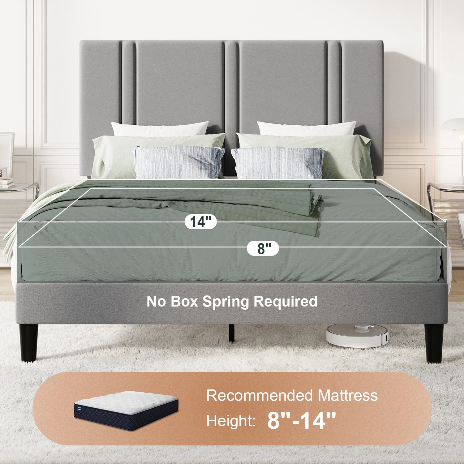 Amolife Full Bed Frame, Platform Bed with Upholstered Velvet Adjustable Headboard, Wooden Slats, Easy Assembly, Grey