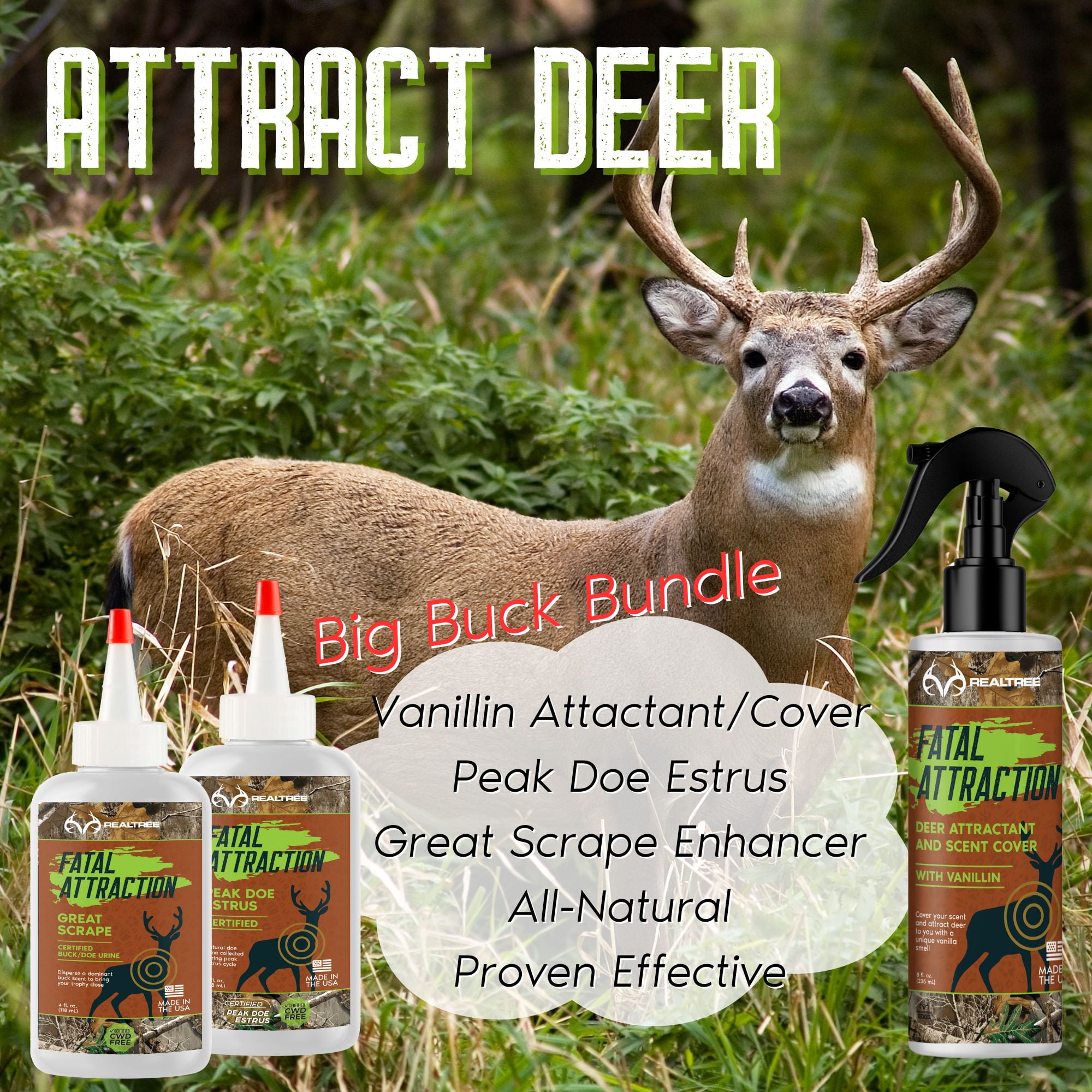 Zone Realtree Buckmaster Bundle; Picaridin Insect Repellent, Peak Doe Estrus, Scrape Enhancer and Vanillin Cover Scent; Protection & Deer Attractants