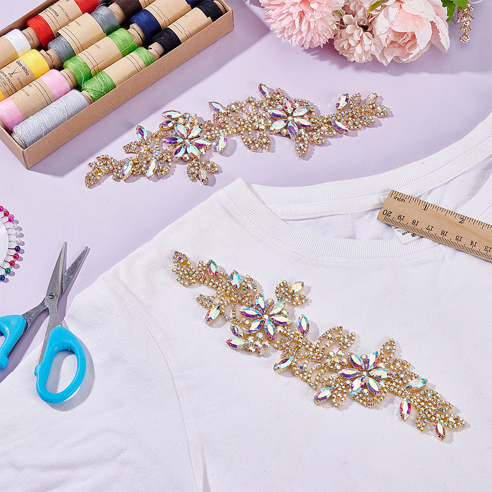 Glass Alloy Embroider Thread Iron on/Sew On Patches Cloth Appliques Flower Golden 220x67x6.5mm DIY