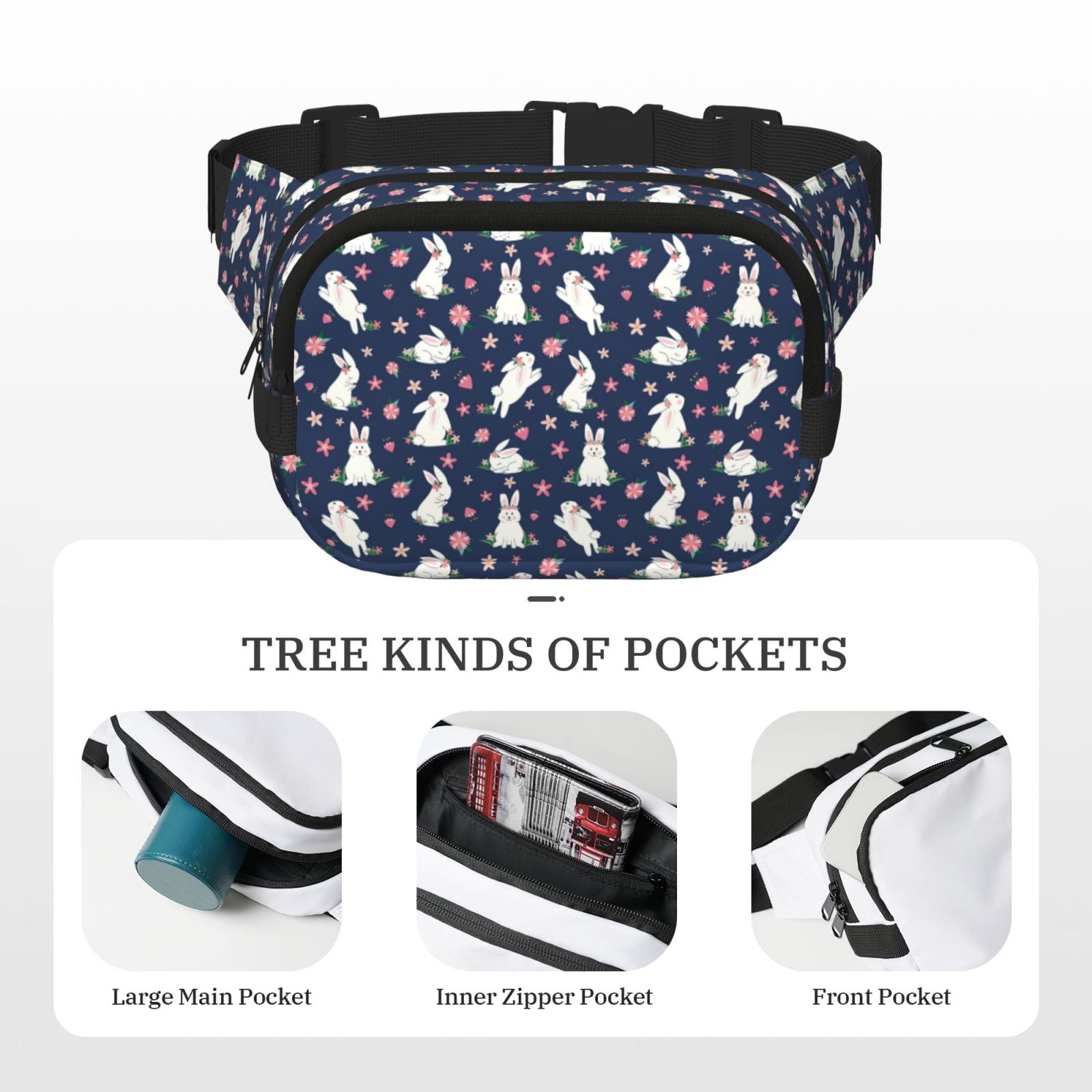 Picia Rabbit And Flower Print Square Double-Layer Waist Bag Mini Adjustable Waist Belt Bag Exercise Running Travel Hiking