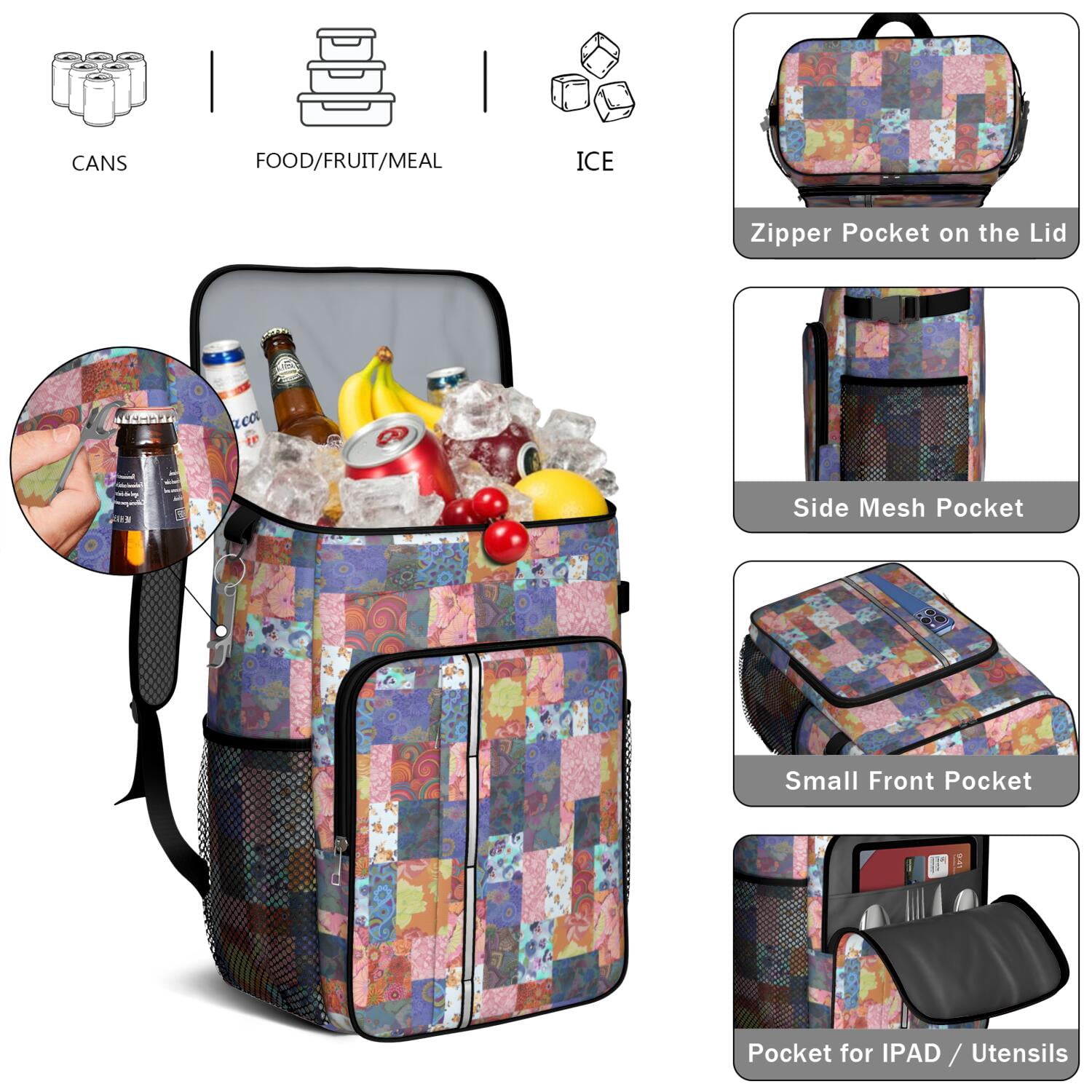 Travel Cooler Bag - Boho Bohemia Flower Camping Beer Cooler Backpack with Bottle Opener- Waterproof Insulated Picnic Backpacks - Cooler Bag for Beach