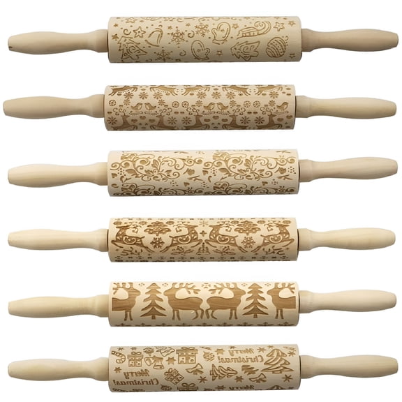 ACDANC Christmas Wooden 3D Rolling Pins,Embossing Rolling Pin with Engraved Christmas Themed Symbols for Baking Embossed Cookies Rolling Pins for Baking
