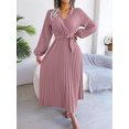 thumbnail image 3 of Women's Long Sleeve V-Neck Elegant Dresses for Women Robe with Belt Solid Crisscross Pleated Long Max Dress Mature, 3 of 7