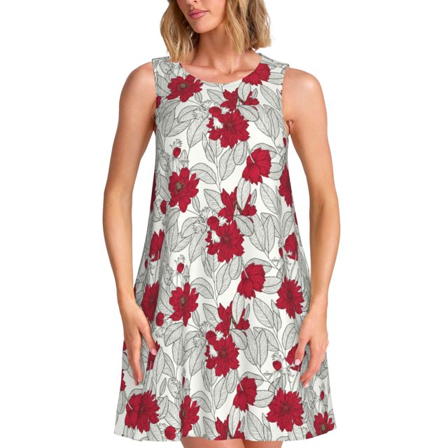 Disketp Leaves And Anemone Flowers In Red Grey para Vestido sin Mangas para Mujeres, Vestidos de Verano para Mujeres, Casual y Holgado para la Playa