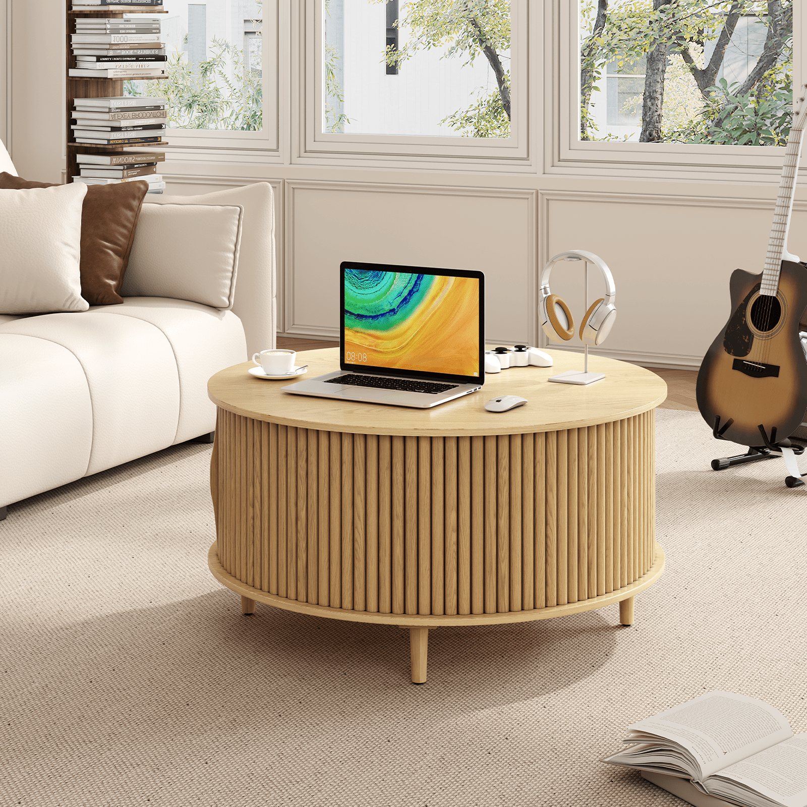 JOINICE Round Coffee Table with Storage and Flip Top,Circle Fluted Center Table,for Living Room,Oak