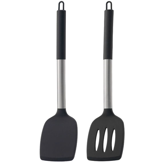 Silicone Spatula Set 2 Pack, Food Grade Silicone Turner Spatula with Stainless Steel Handle, Non-Stick Heat Resistant Slotted & Solid Spatula for Cooking Frying Flipping, Black
