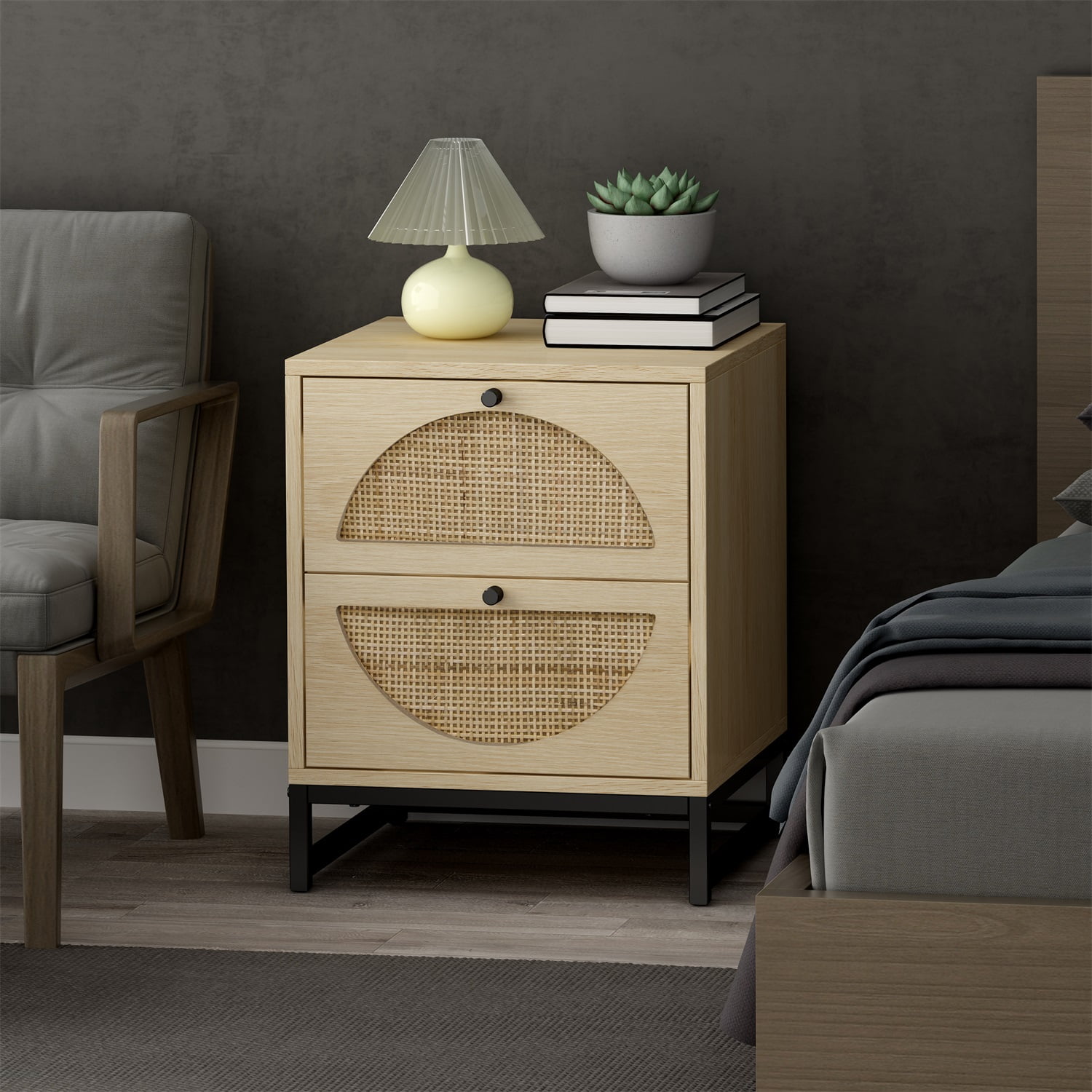 Kadyn Bedside End Table, Particle Board Night Table with 2 Drawers, Modern Farmhouse Nightstand for Bedroom and Living Room, Natural