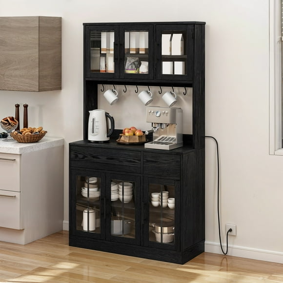 DEXTRUS 71" Pantry Cabinet with Power Outlet &Drawers Kitchen Storage Cabinets with Microwave Stand &Acrylic Doors for Home, Black
