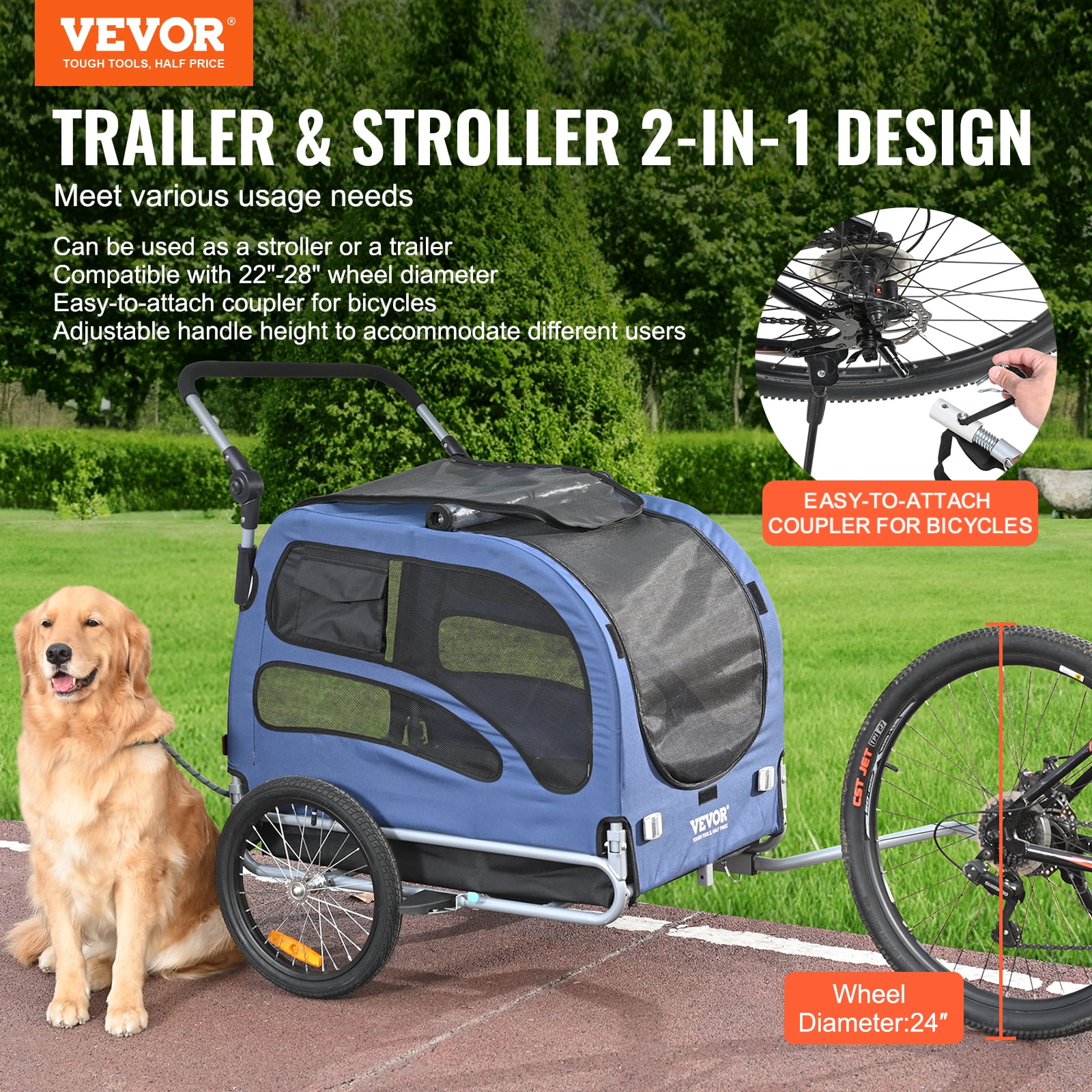 Vevor Dog Bike Trailer Supports Up To 100 Lbs 2 In 1 Pet Stroller Cart Bicycle Carrier Easy Folding Cart Frame With Quick Release Wheels Universal