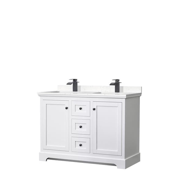 48 in. Avery Double Bathroom Vanity with Light-Vein Carrara Cultured Marble Countertop, Undermount Square Sinks & Matte Black Trim - White