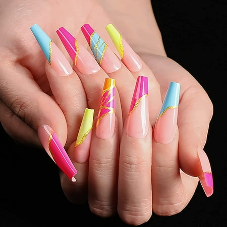KSCD 24 Pcs Press on Nails Long, Abstract Coffin Fake Nails, Glossy Glue on Nails, False Nails with Glue for Women (Colorful Swirl and Gold Line) Colorful Swirl and Gold Line | KSCD 24 Pcs Press on Nails Long, Abstract Coffin Fake Nails, Glossy Glue on Nails, False Nails with Glue for Women (Colorful Swirl and Gold Line) Colorful Swirl and Gold Line |