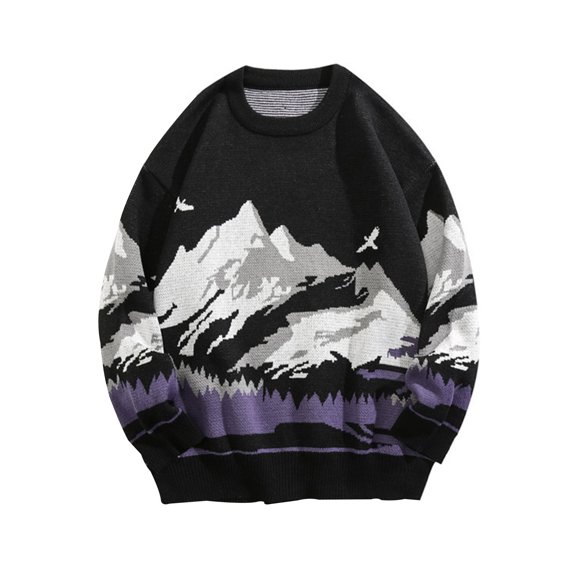 Malelandscape Print Sweater Coat Round Neck Knit Pullover Slim Fit Long Sleeve Unisex Winter Warm Casual Outwear
