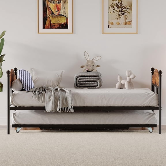 Acekid Daybed with Trundle, Sturdy Metal Twin Size Day Bed with Stylish Headboard, Height Adjustable Trundle Bed Twin, Heavy Duty Steel Slats Platform