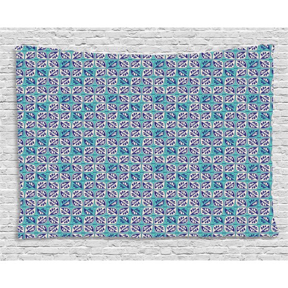 Vintage Tapestry, Geometrical Nature Themed Primitive Geometric Leaf in Contrast, Wall Hanging for Bedroom Living Room Dorm Decor, 60W X 40L Inches, Teal Navy Blue and Eggshell, by Ambesonne