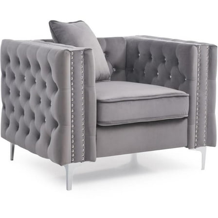 Maklaine Contemporary Soft Velvet Jeweled Buttoned Tufted Chair in Gray