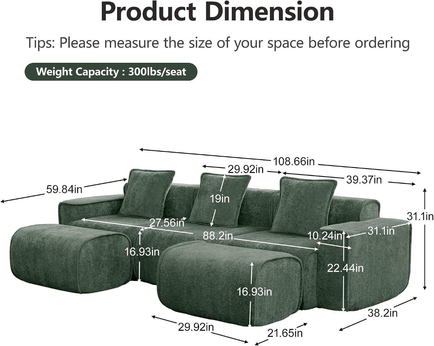 109" 3-Seat Modular U-Shaped Sectional Sofa, Green Velvet with 2 Movable Ottomans & Throw Pillows, No Assembly Required